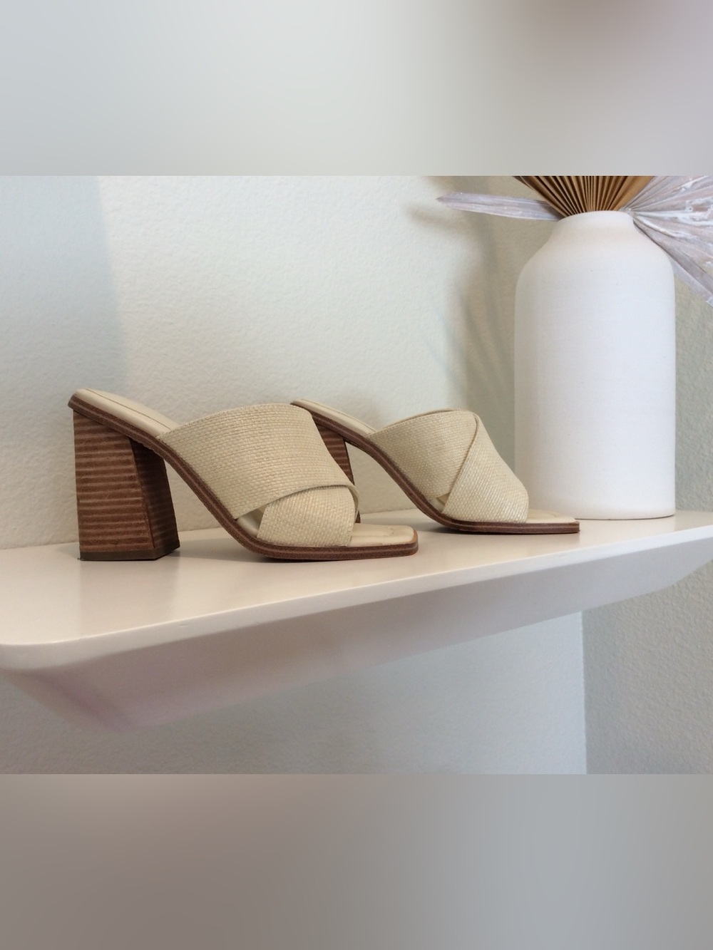 Marc Fisher Linen Cream Crossover Slide Mule with Stacked Block Heel - Size 5.5